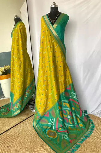 Lime green art silk ikkat and patola weaving concept saree & contrast blouse