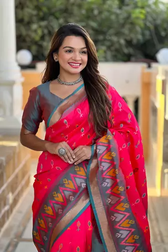 Pink art silk ikkat and patola weaving concept saree & contrast blouse