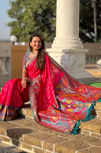 Pink art silk ikkat and patola weaving concept saree & contrast blouse