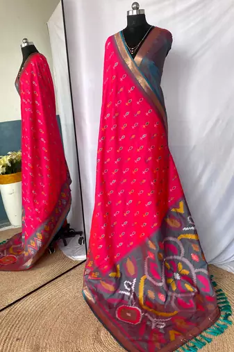 Pink art silk ikkat and patola weaving concept saree & contrast blouse