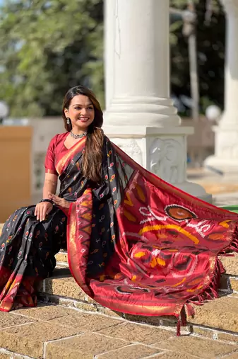 Black art silk ikkat and patola weaving concept saree & contrast blouse