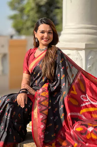Black art silk ikkat and patola weaving concept saree & contrast blouse