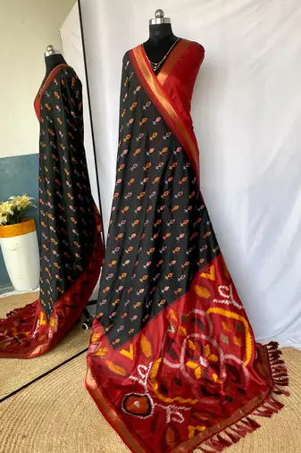 Black art silk ikkat and patola weaving concept saree & contrast blouse