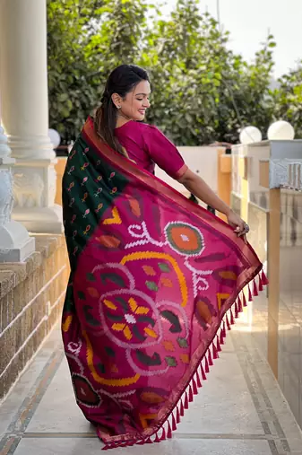 Green art silk ikkat and patola weaving concept saree & contrast blouse