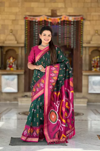 Green art silk ikkat and patola weaving concept saree & contrast blouse