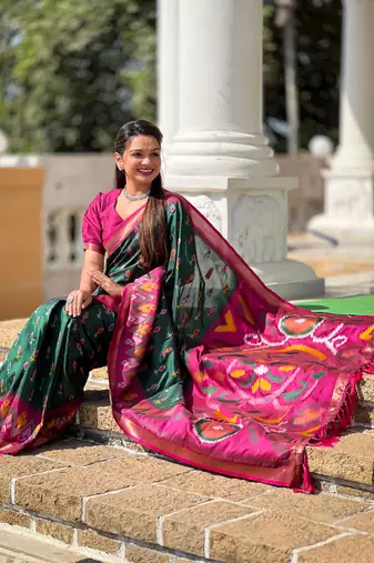 Green art silk ikkat and patola weaving concept saree & contrast blouse