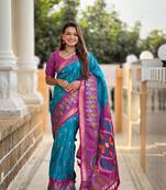 Sea green art silk ikkat and patola weaving concept saree & contrast blouse