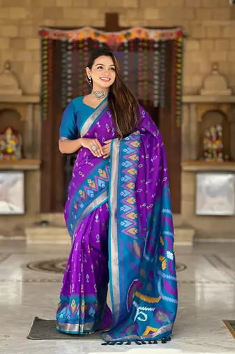 Violet art silk ikkat and patola weaving concept saree with contrast blouse