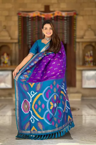 Violet art silk ikkat and patola weaving concept saree with contrast blouse
