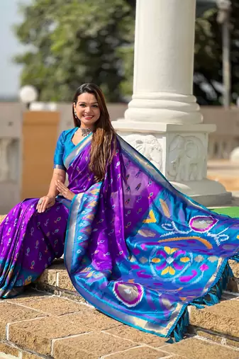 Violet art silk ikkat and patola weaving concept saree with contrast blouse