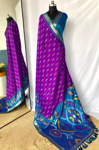 Violet art silk ikkat and patola weaving concept saree with contrast blouse