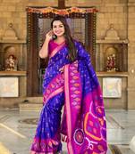 Blue art silk ikkat and patola weaving concept saree with contrast blouse