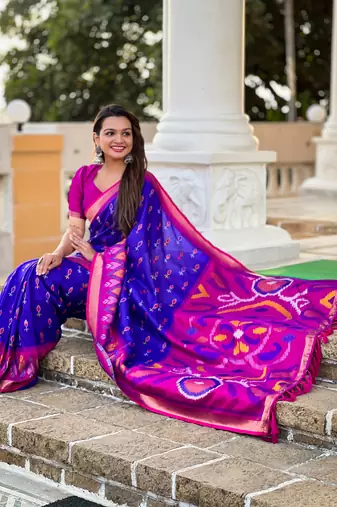 Blue art silk ikkat and patola weaving concept saree with contrast blouse