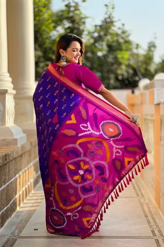 Blue art silk ikkat and patola weaving concept saree with contrast blouse
