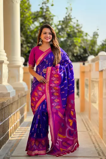 Blue art silk ikkat and patola weaving concept saree with contrast blouse