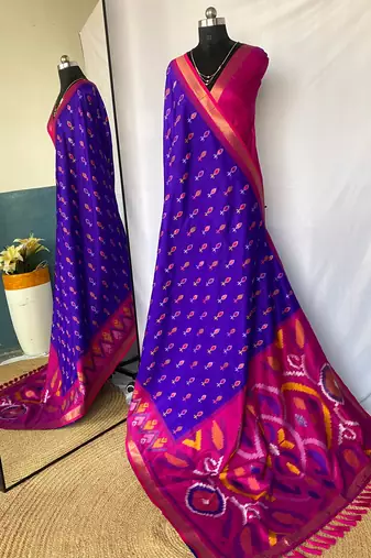 Blue art silk ikkat and patola weaving concept saree with contrast blouse