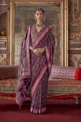 Silk blend burgundy printed contemporary saree