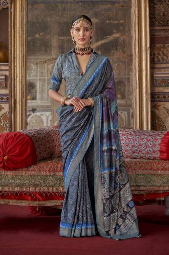 Silk blend blue printed contemporary saree
