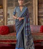 Silk blend blue printed contemporary saree