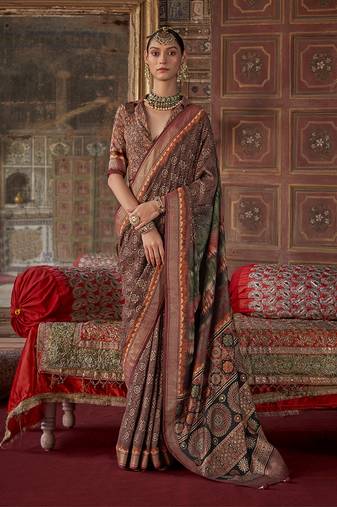 Silk blend brown printed contemporary saree