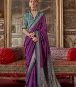 Silk blend magenta printed contemporary saree