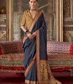 Silk blend navy blue printed contemporary saree