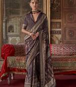Silk blend dark brown printed contemporary saree