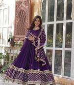 Purple georgette sequins embroidered flared gown with heavy dupatta