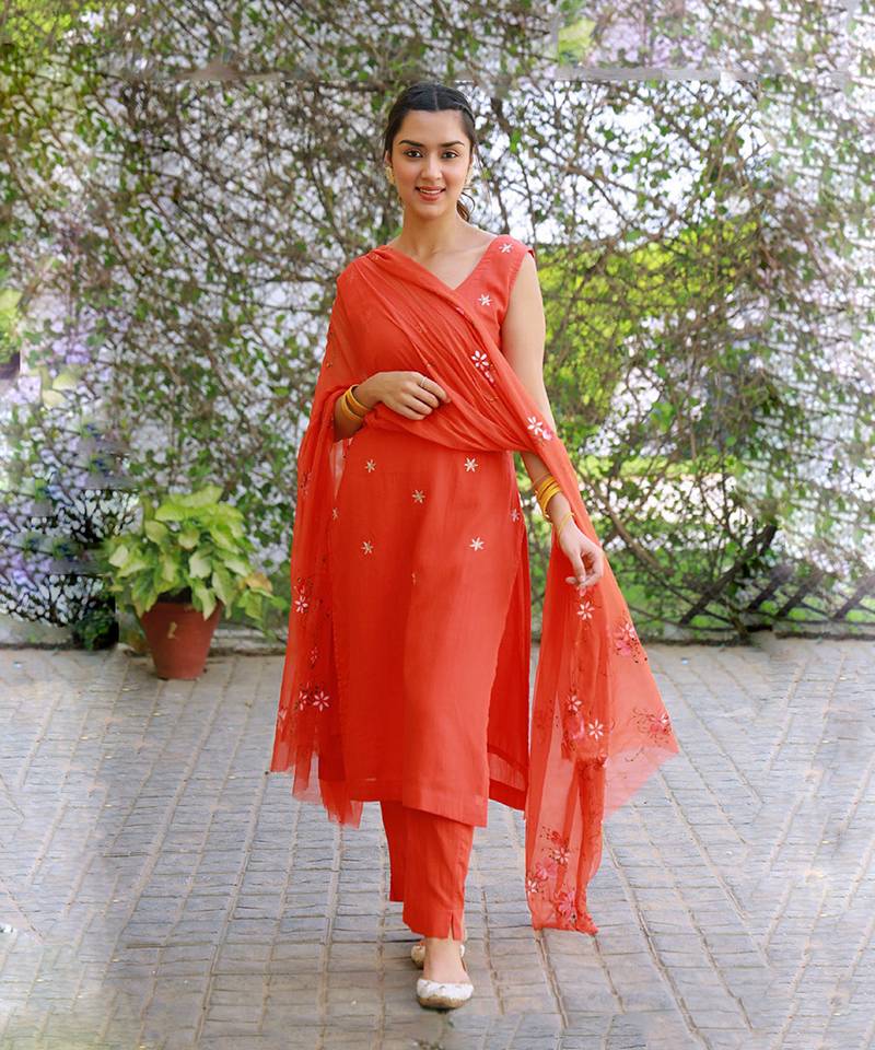 orange hand embroidered silk kurta pant with hand painted dupatta