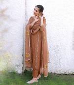 Heer brown hand embroidered silk kurta pant with hand painted dupatta