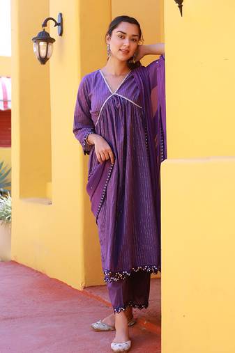 Sitara violet lurex gathered kurta suit set ( set of 3 )