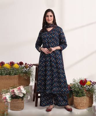blue  pure cotton a-line kurta dupatta set with handwork 7