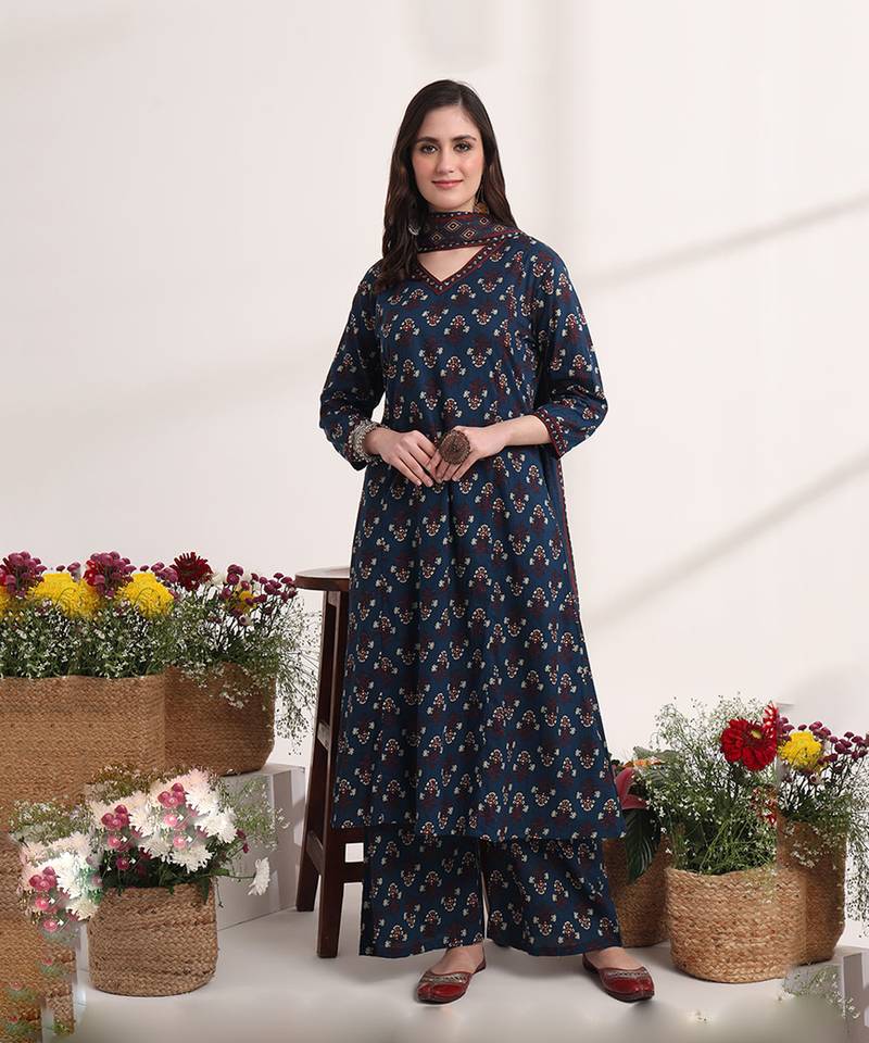 blue  pure cotton a-line kurta dupatta set with handwork