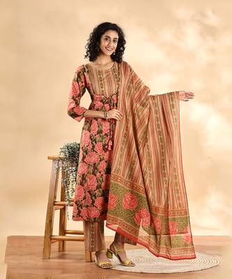  peach floral print sequins work anarkali kurta and trouser with dupatta set 1