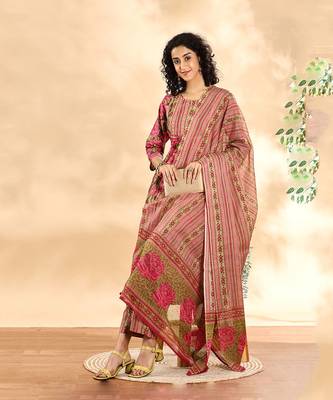  pink floral print sequins work anarkali kurta and trouser with dupatta set 1