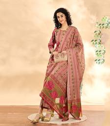  pink floral print sequins work anarkali kurta and trouser with dupatta set