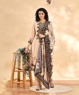  beige and brown pure silk sequins work straight kurta dupatta pant set 1
