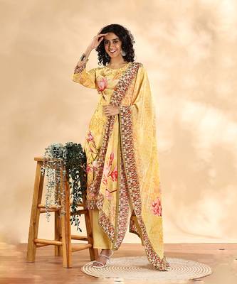  yellow silk crepe sequins work straight kurta dupatta pant set 1