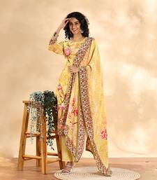  yellow silk crepe sequins work straight kurta dupatta pant set