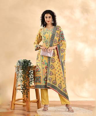  yellow silk crepe cutdana work straight kurta dupatta pant set 1