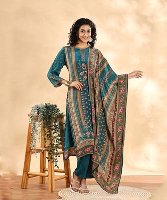  teal blue pure silk sequins work straight kurta dupatta pant set 1