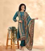  teal blue pure silk sequins work straight kurta dupatta pant set