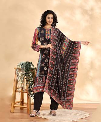  black silk crepe cutdana work straight kurta dupatta pant set 5