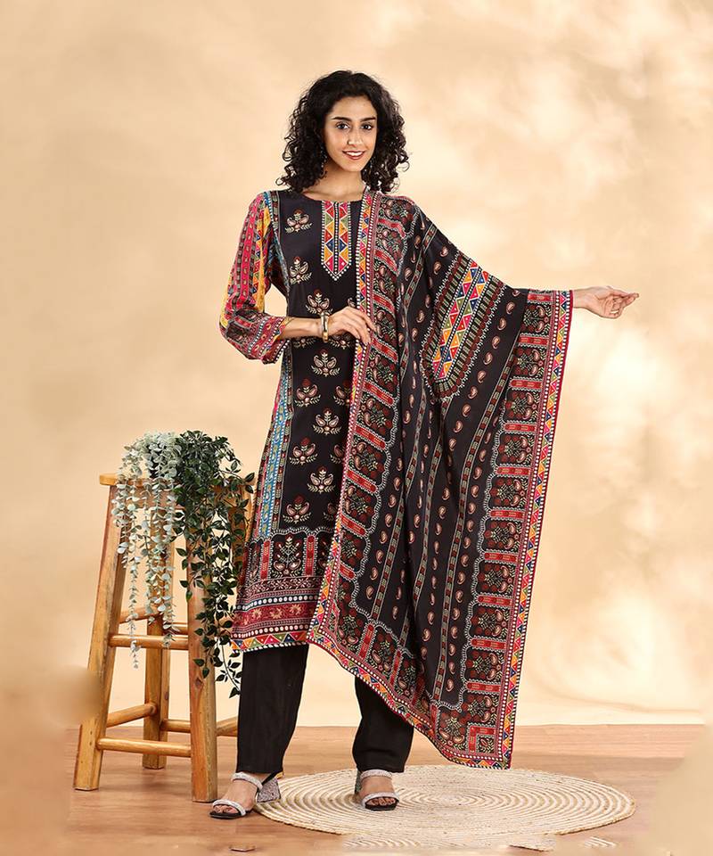  black silk crepe cutdana work straight kurta dupatta pant set