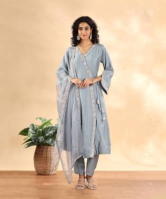 dusty blue silk embroidered angrakha kurta pant set with organza dupatta set 1