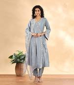  dusty blue silk embroidered angrakha kurta pant set with organza dupatta set