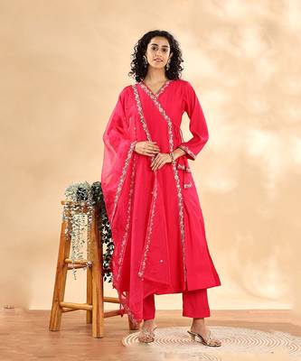  pink silk embroidered angrakha kurta pant set with organza dupatta set 1