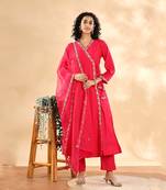  pink silk embroidered angrakha kurta pant set with organza dupatta set