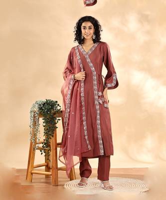 mauve silk embroidered angrakha kurta pant set with organza dupatta set 1
