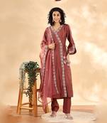  mauve silk embroidered angrakha kurta pant set with organza dupatta set
